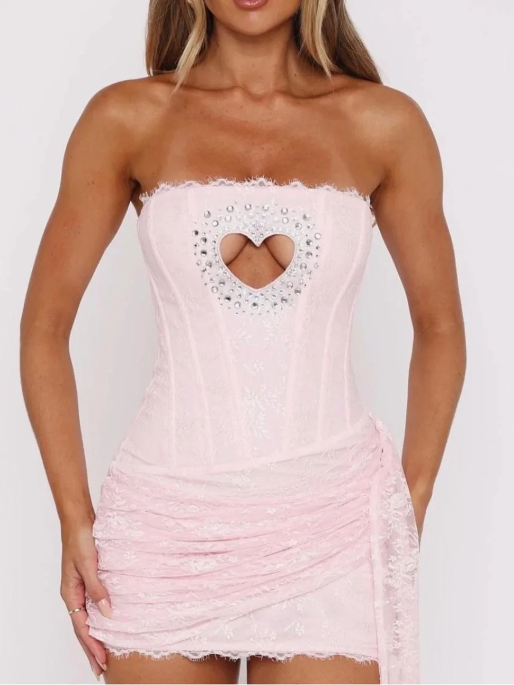 Pink Strapless HeartCutout Rhinestone Lace Feminine Bodycon Mini Dress NWOT Sz S